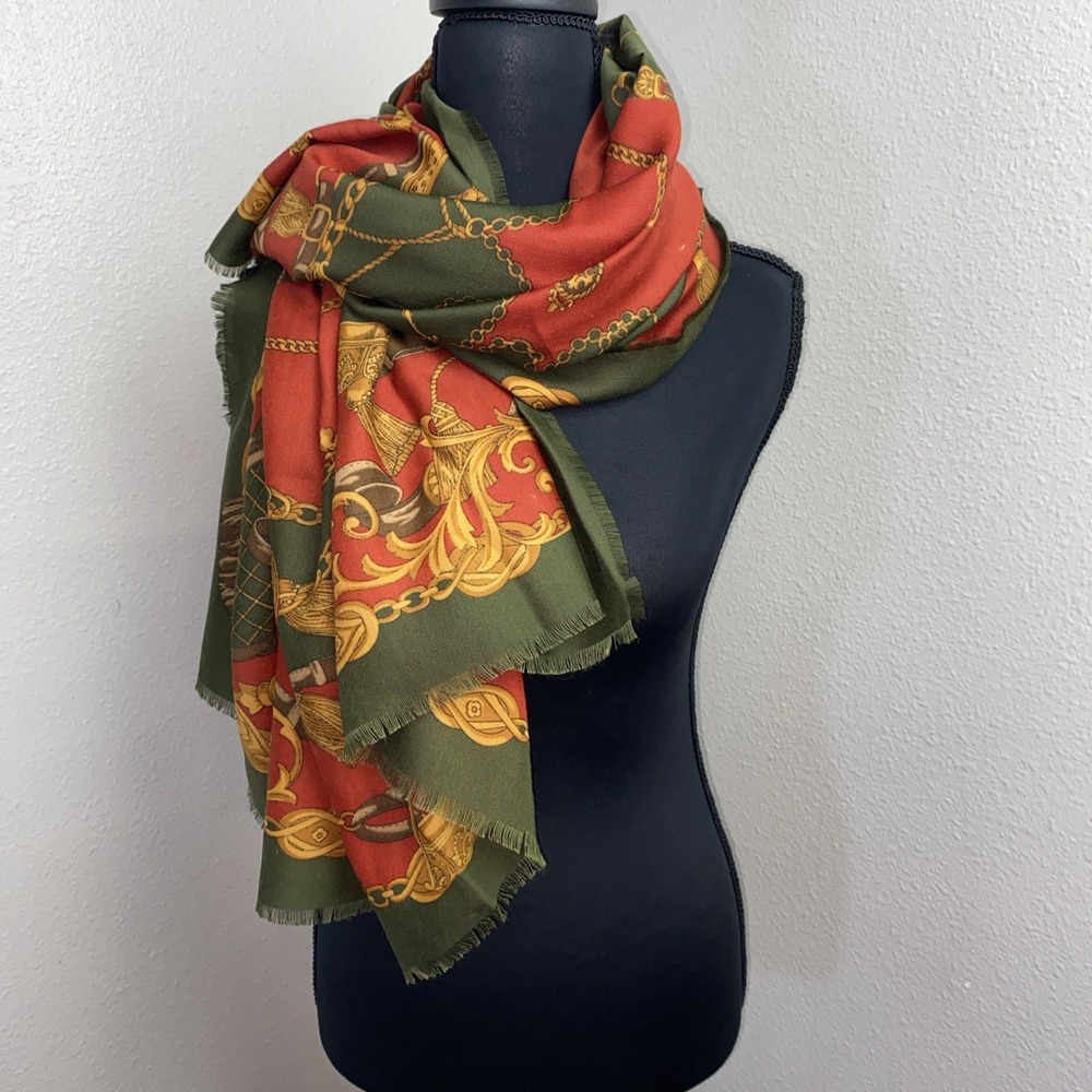 Art of The Scarf Tie Rack Equestrian Scarf Green & Gold 120x120 Made in Italy